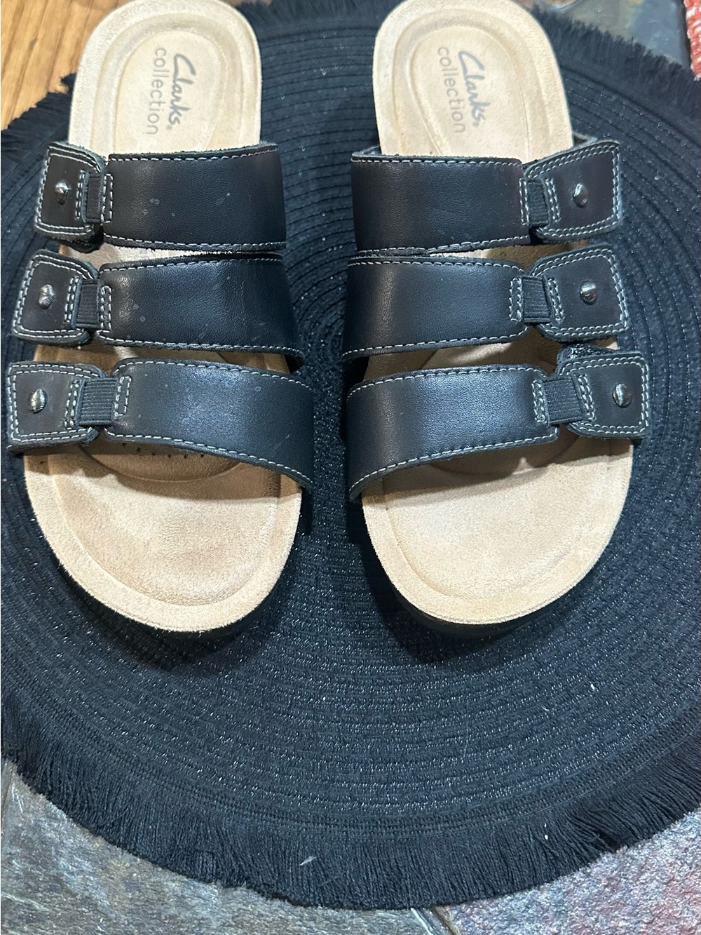 Clarks Black Triple-Strap Slide Sandals